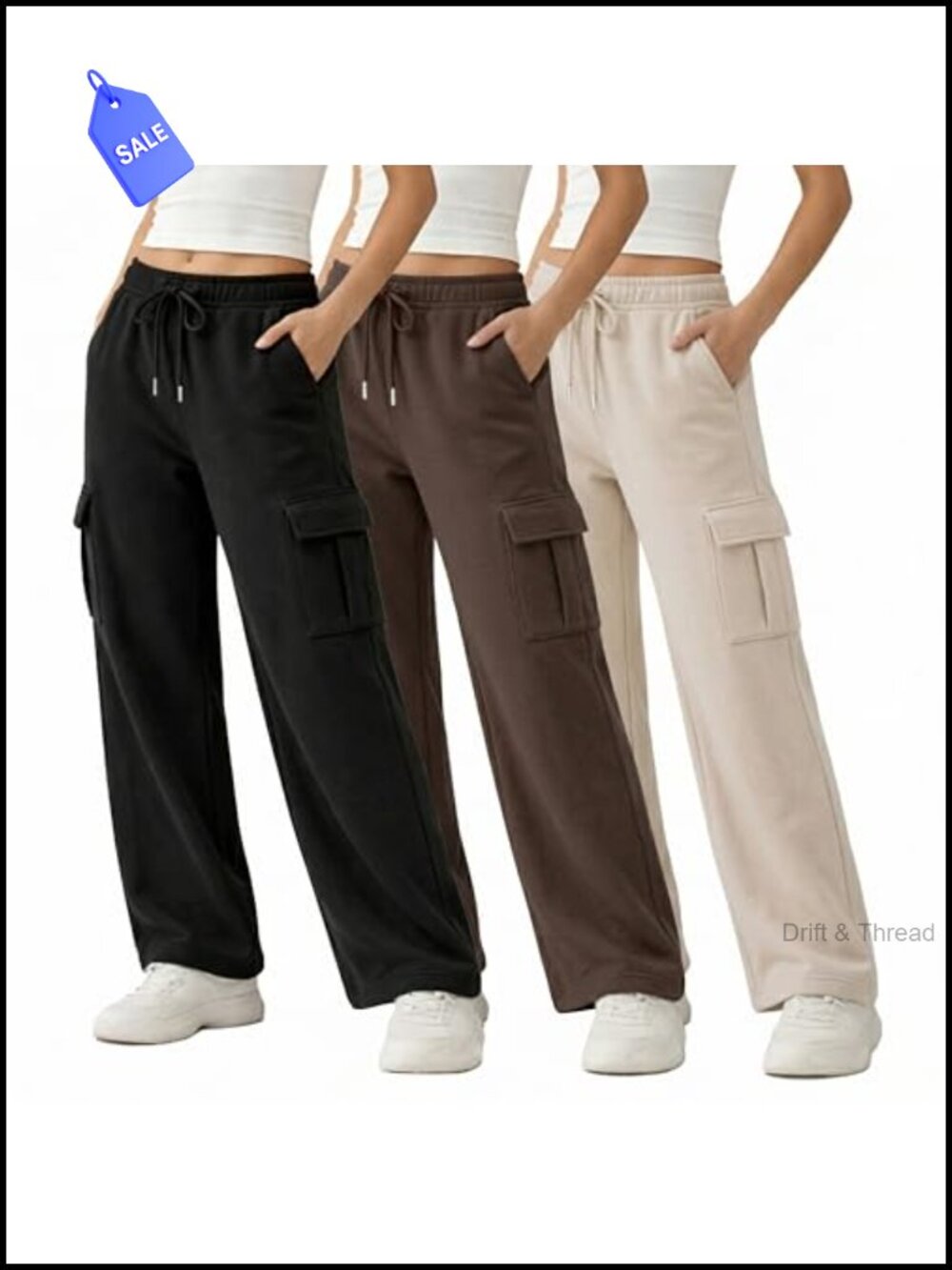 Women's 3-Piece Fleece Wide Leg Cargo Sweatpants Set